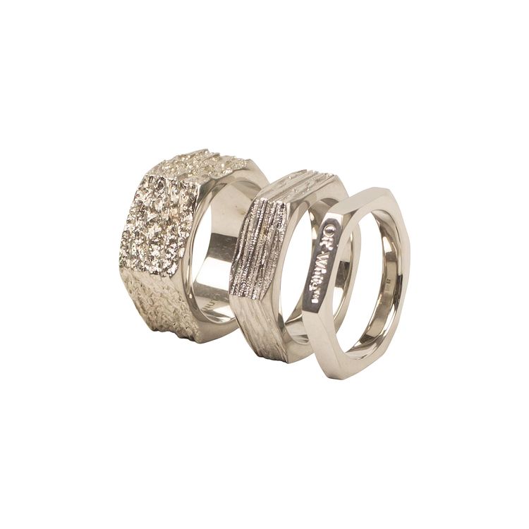 Off White Texturized Hexnut Ring Set Silver