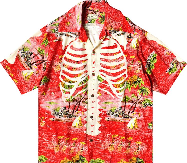 Kapital Rayon Kamehameha Bone Wrangle Collar Aloha Shirt 'Red'
