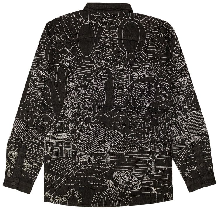 Who Decides War Embroided Duality Button Up Shirt Black