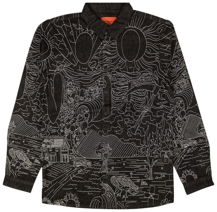 Who Decides War Embroided Duality Button Up Shirt Black