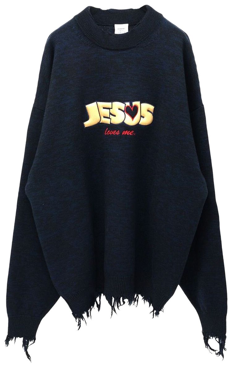 Vetements Jesus Loves You Destroyed Sweater Navy