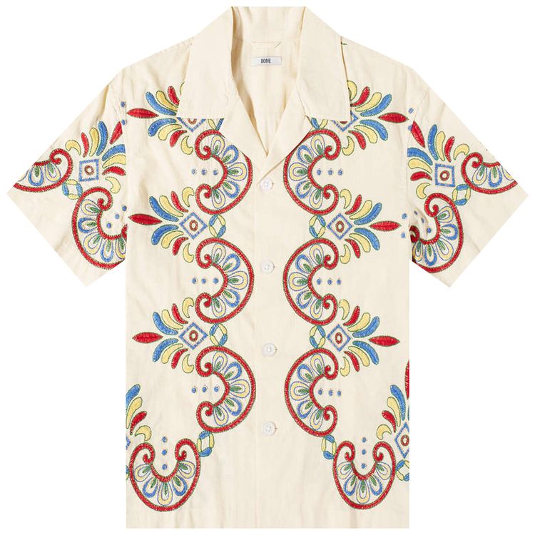 Bode Embroidered Carnival Short Sleeve Shirt EcruMulticolor