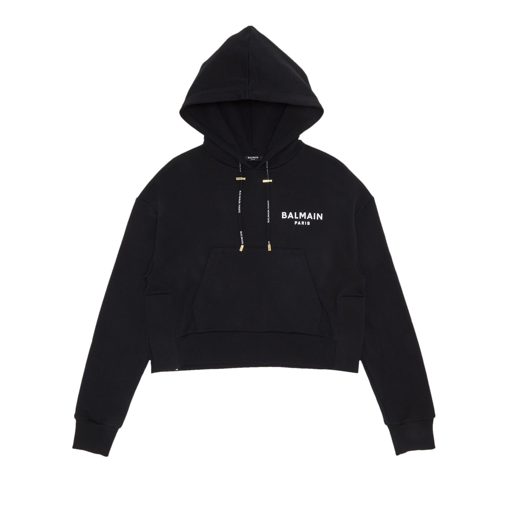 Balmain Flock Detail Cropped Hoodie Noir Blanc