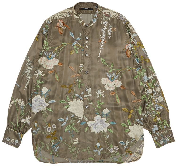 Vintage Gucci By Tom Ford Floral Embroidered Silk Long Sleeve Shirt Grey