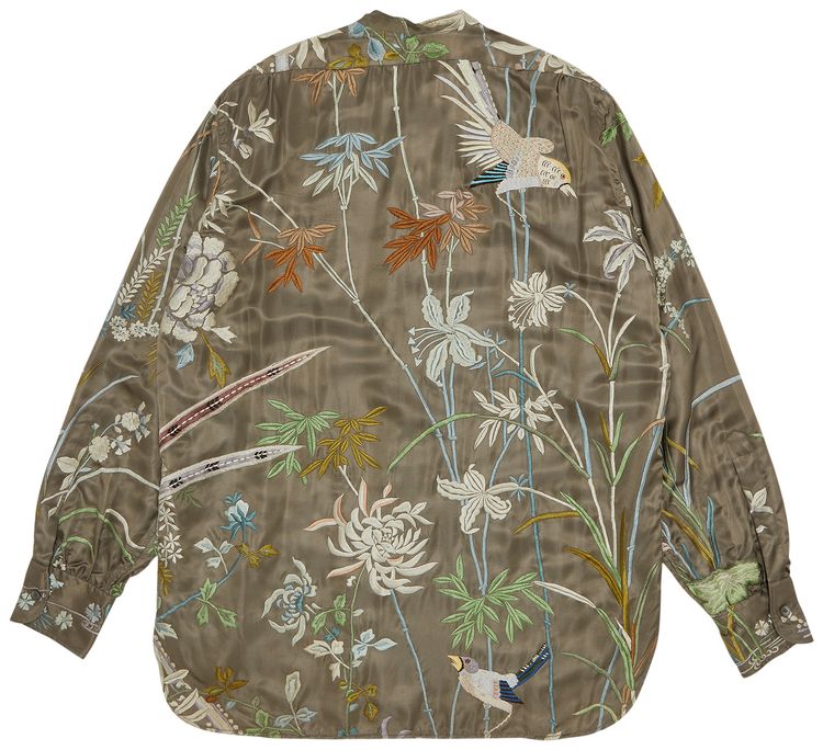 Vintage Gucci By Tom Ford Floral Embroidered Silk Long Sleeve Shirt Grey