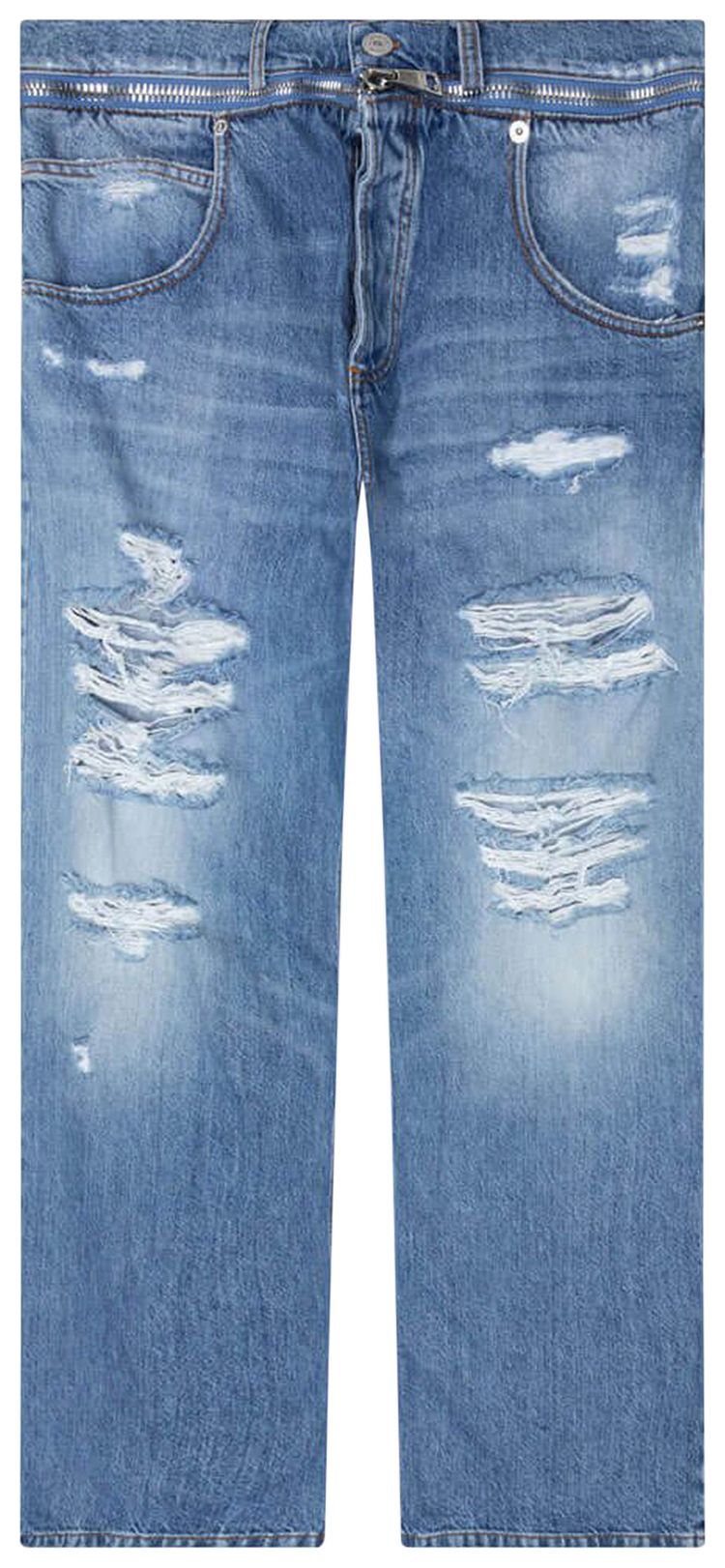 Balmain Destroyed Loose Denim Pants Blue