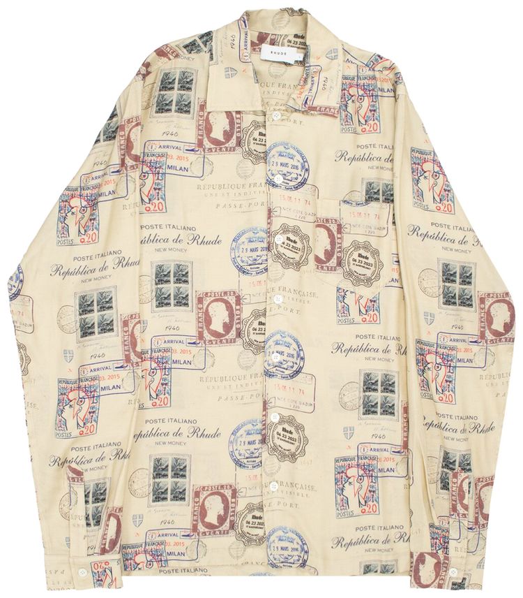Rhude Passport Stamp Print Shirt BeigeMulticolor