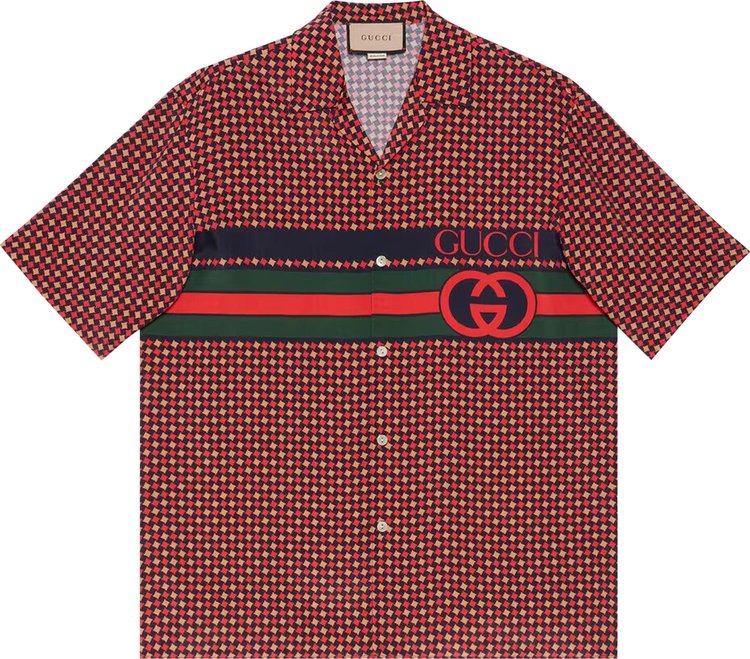 Gucci Geometric Houndstooth Print Bowling Shirt 'Blue/Red'