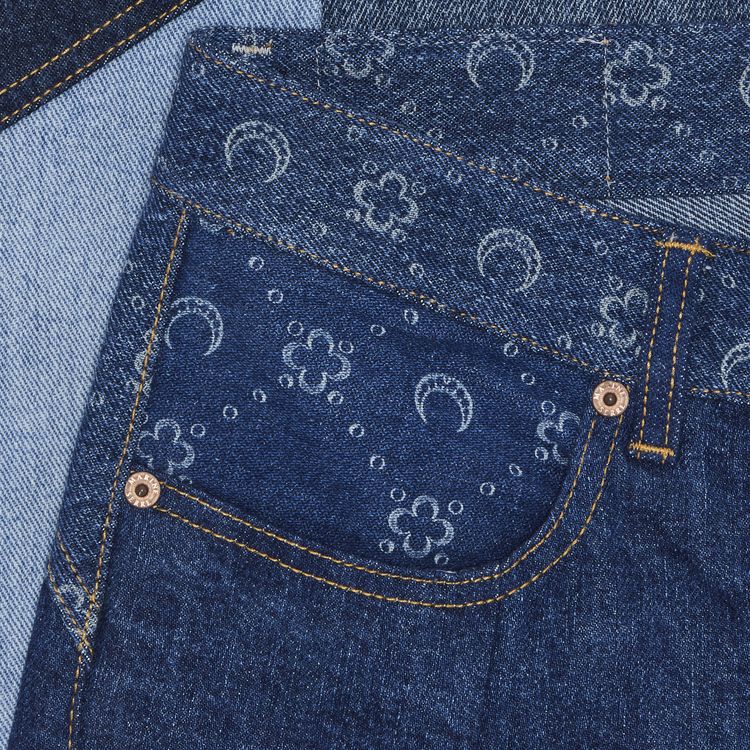 Marine Serre Regenerated Denim Moonogram Wide Leg Trousers Medium Dark Blue Moonogram