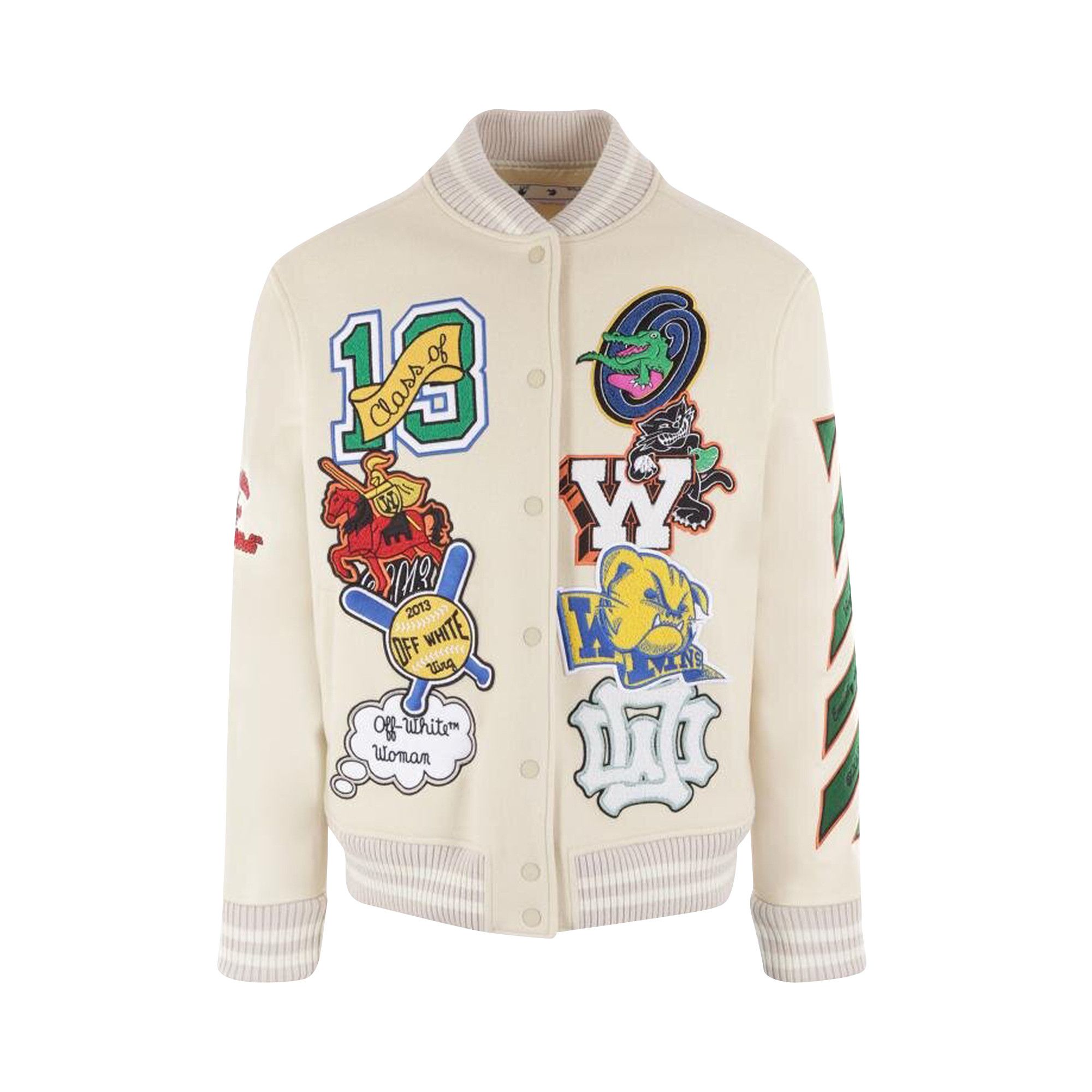 ★25SS Off White OFF FLEECE VARSITY ロゴ コットン パーカー OFF-WHITE Patch Embellished Varsity Bomber Jacket Medium