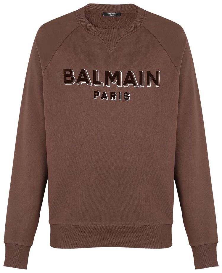 Balmain Flock And Foil Paris Logo Crew Sweatshirt BrownSilver