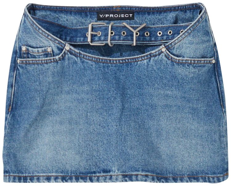 YProject Y Belt Arc Denim Mini Skirt Faded Blue