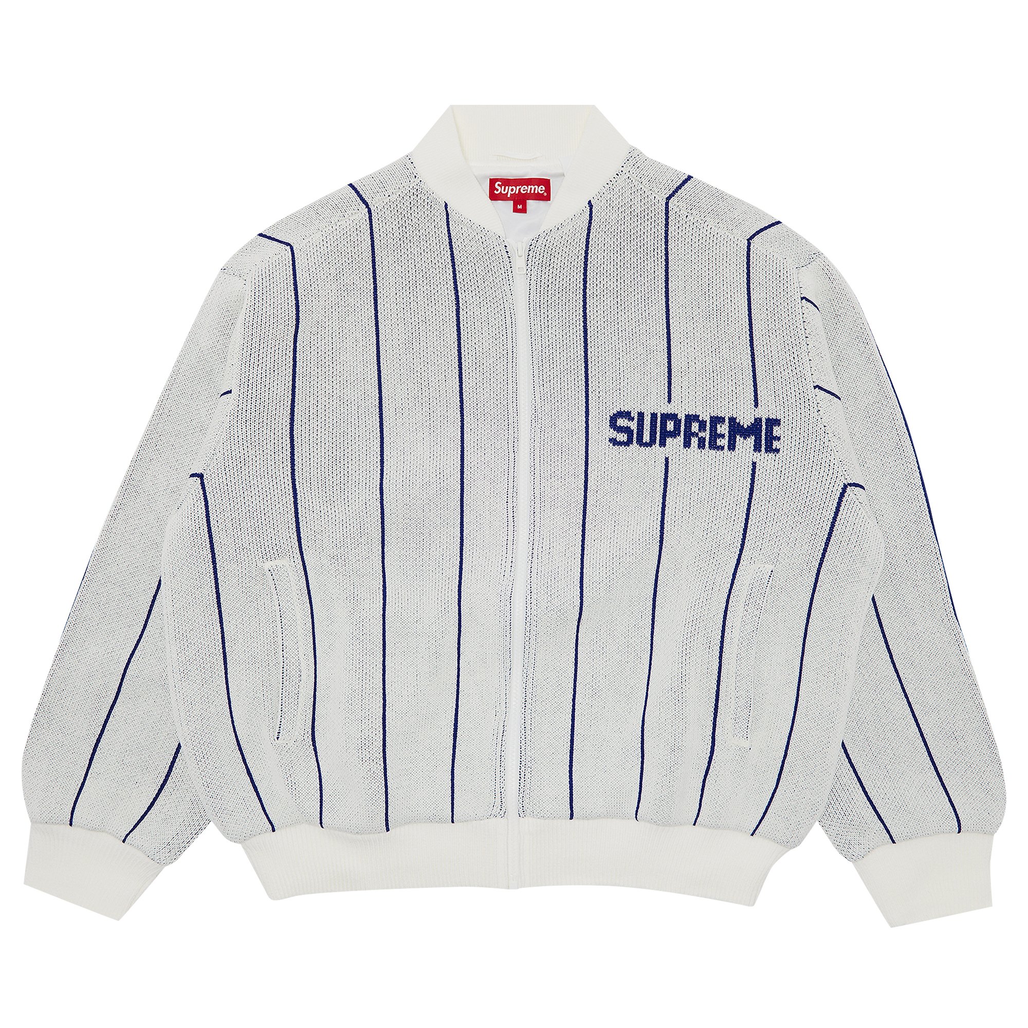 Supreme Pinstripe Varsity Zip Up Sweater 'White'