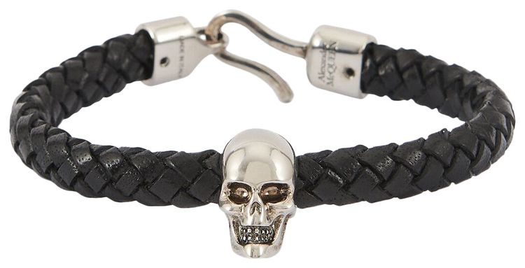 Alexander McQueen Skull Leather Braided Bracelet BlackSilver