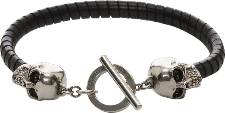 Alexander McQueen Skull Leather T Bar Bracelet BlackSilver