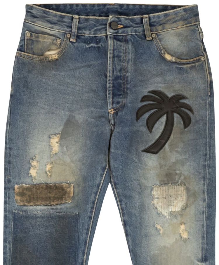 Palm Angels Curved Palm Patch Detail Straight Leg Jeans Blue