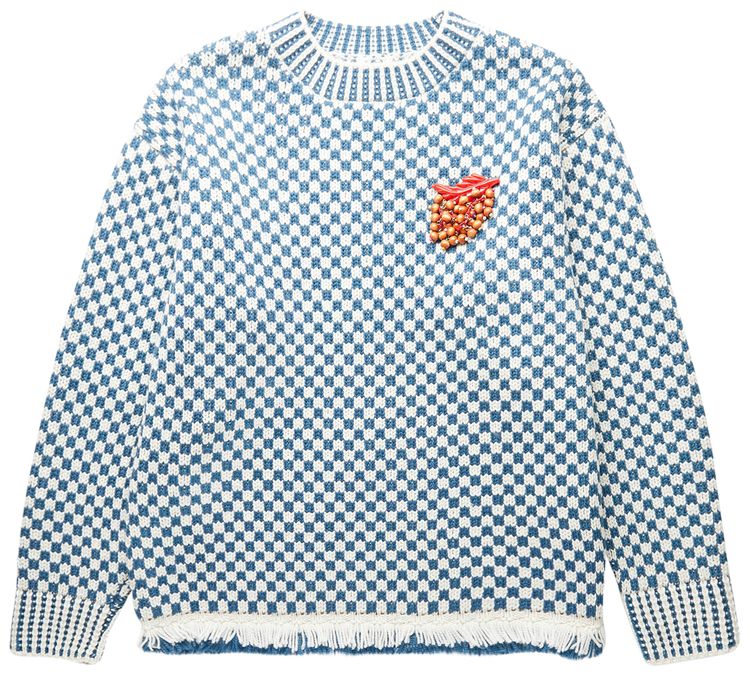 Bode Fringe Check Pullover BlueCream