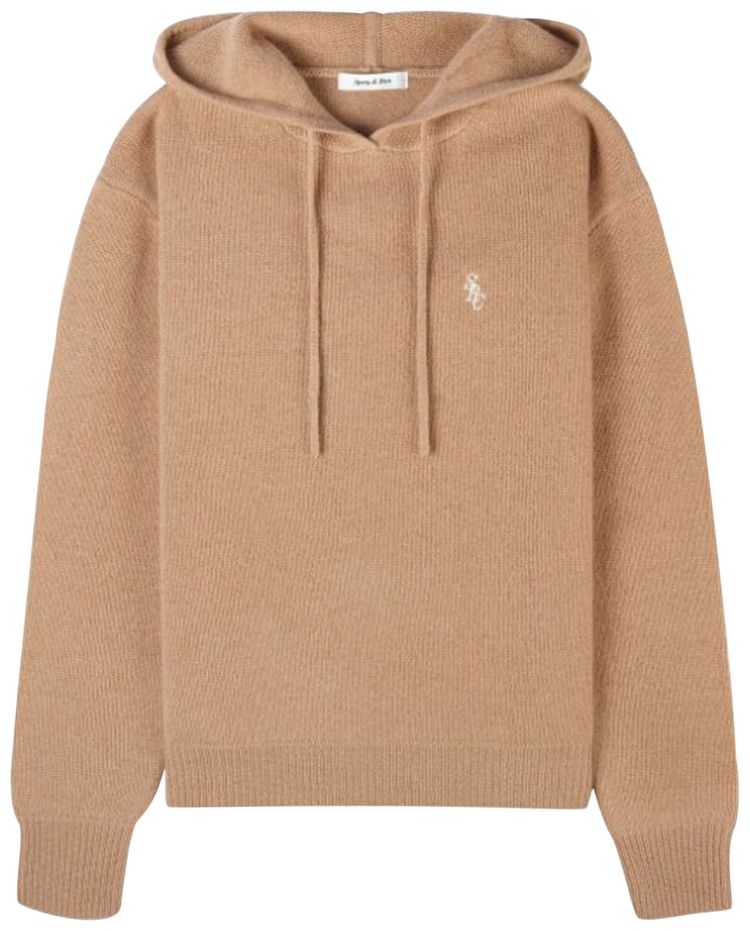 Sporty  Rich Fine Knit Drawstring Hoodie Camel