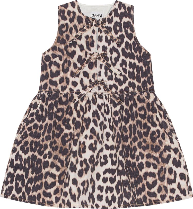 GANNI Print Denim Tieband Mini Dress 'Leopard'