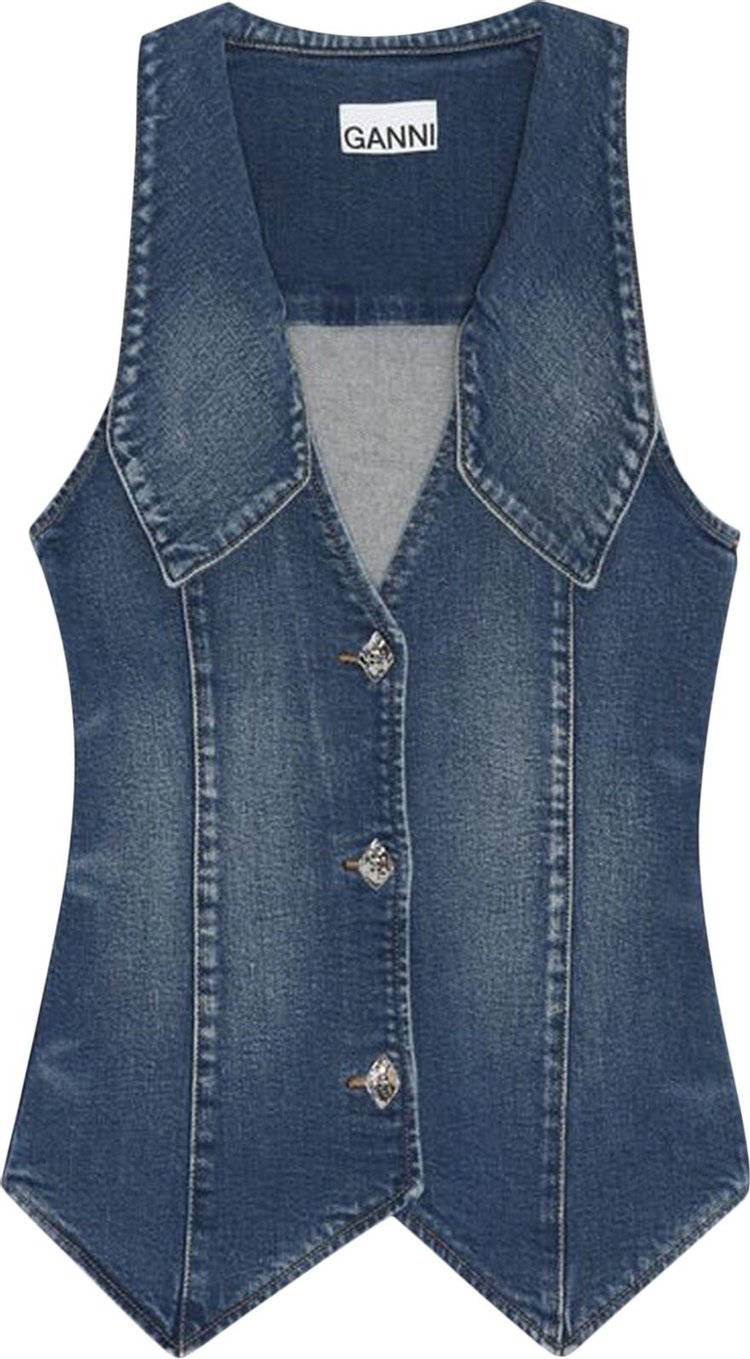 GANNI Oversized Collar Denim Waistcoat Mid Blue