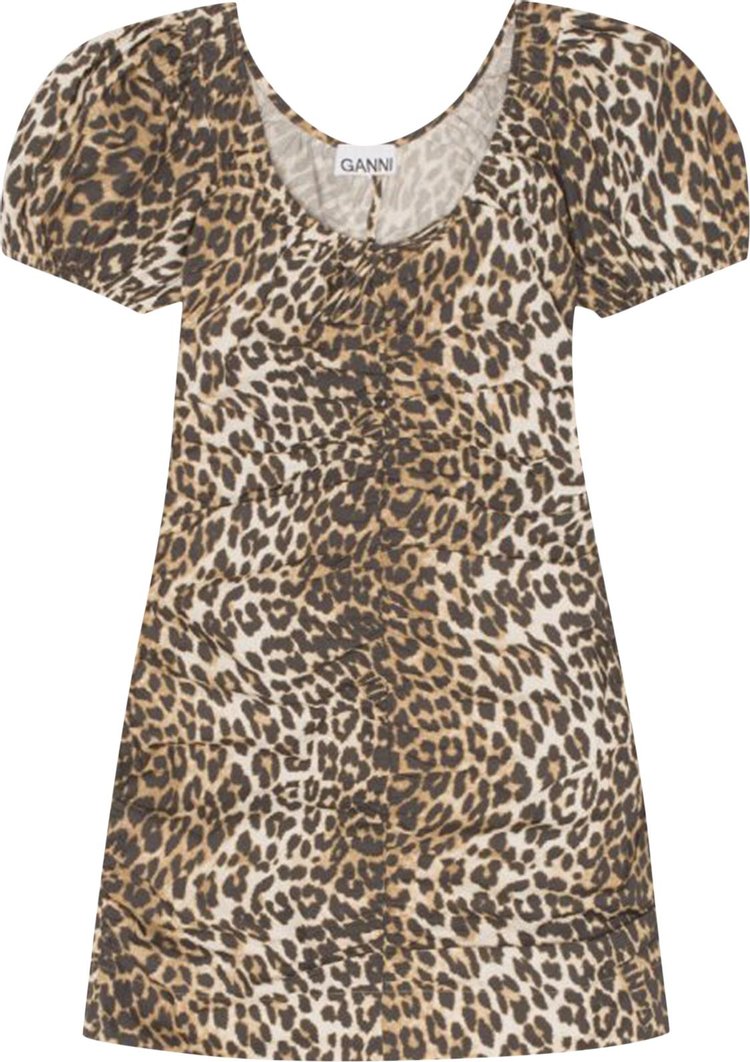 GANNI Printed Gathered U Neck Mini Dress 'Leopard'