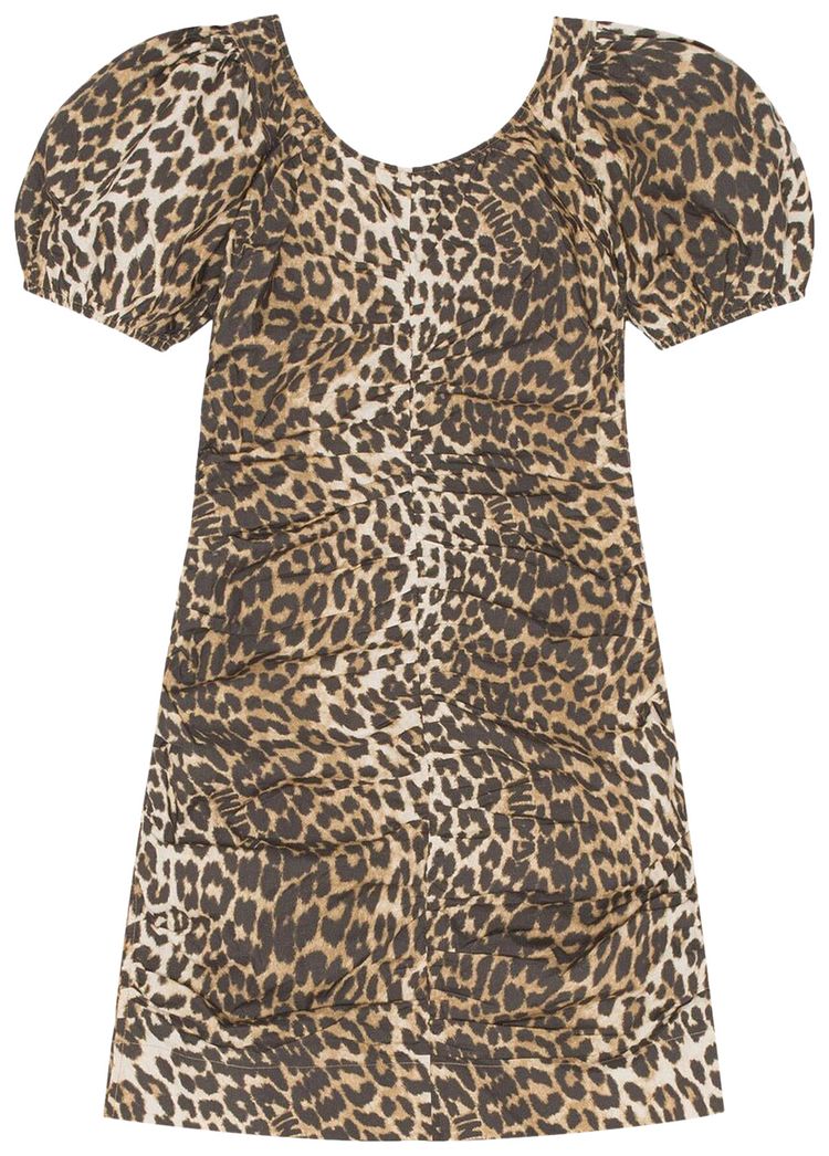 GANNI Printed Gathered U Neck Mini Dress Leopard