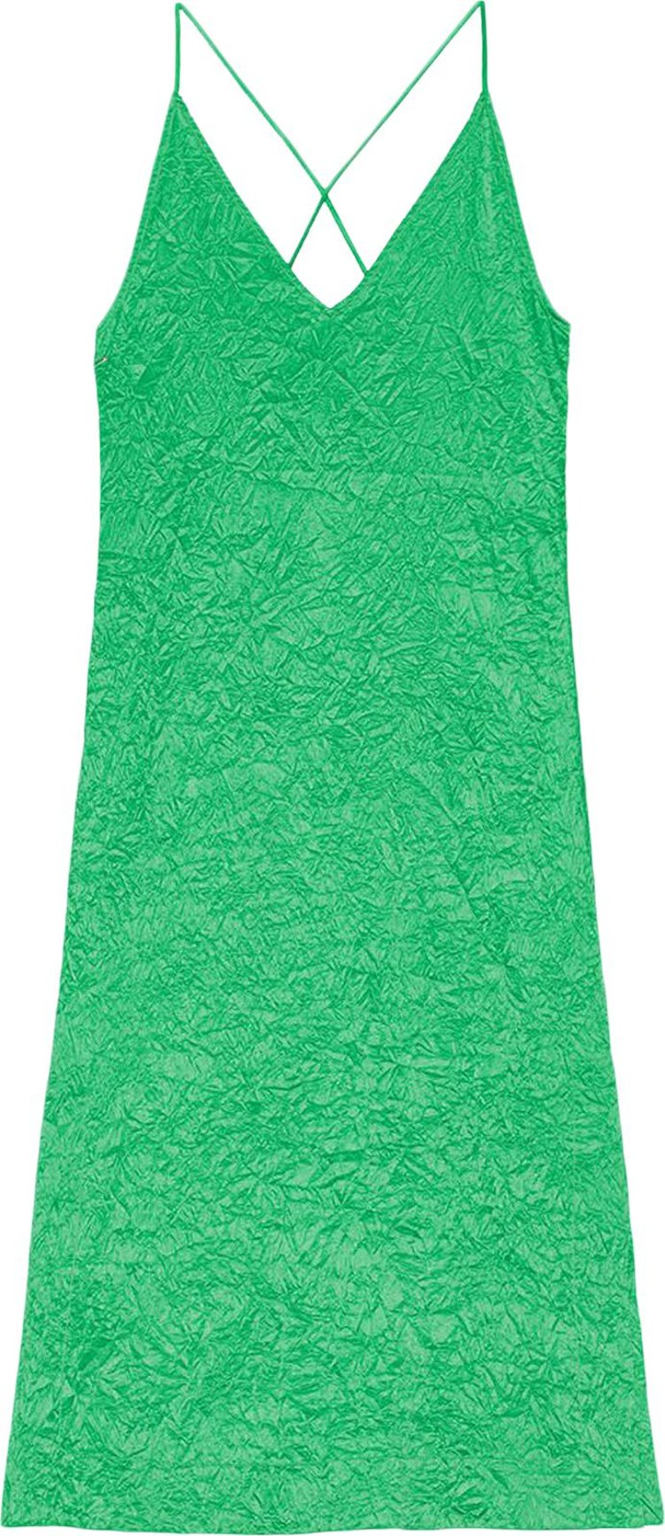 GANNI Crinkled Satin Slip Dress 'Green'