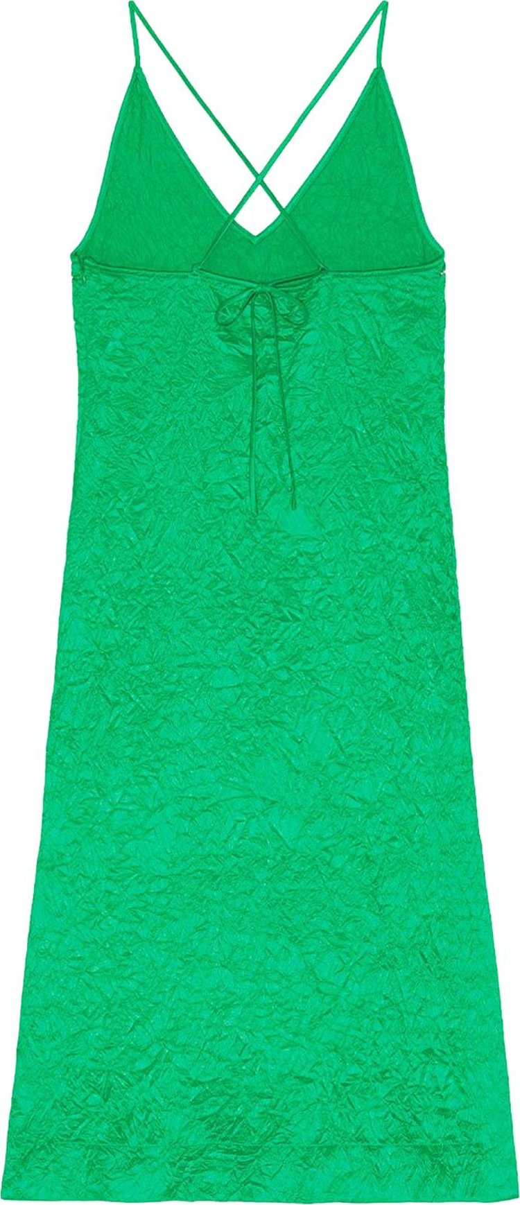 GANNI Crinkled Satin Slip Dress Green