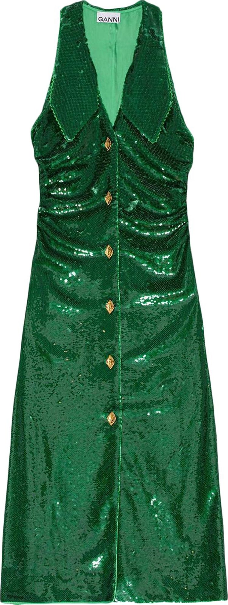 GANNI Sequin Ruched Midi Dress 'Kelly Green'