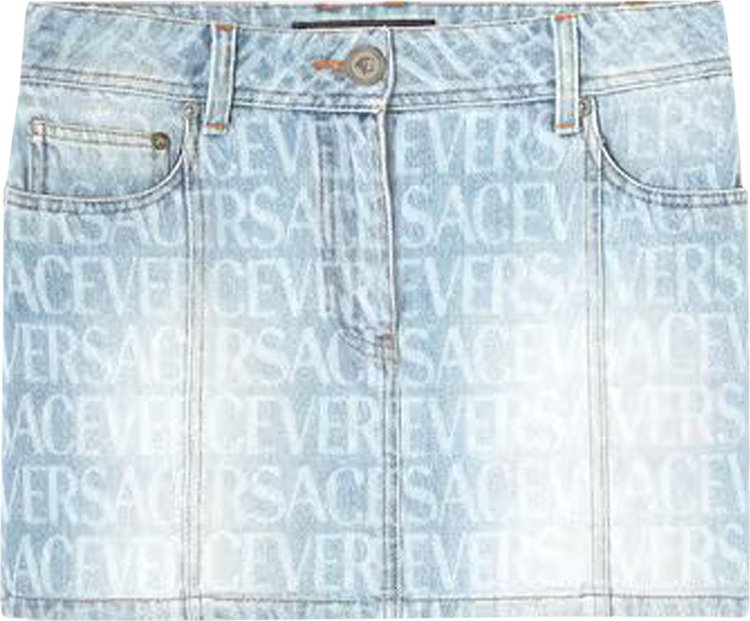 Versace All Over Logo Denim Skirt 'Light Blue'