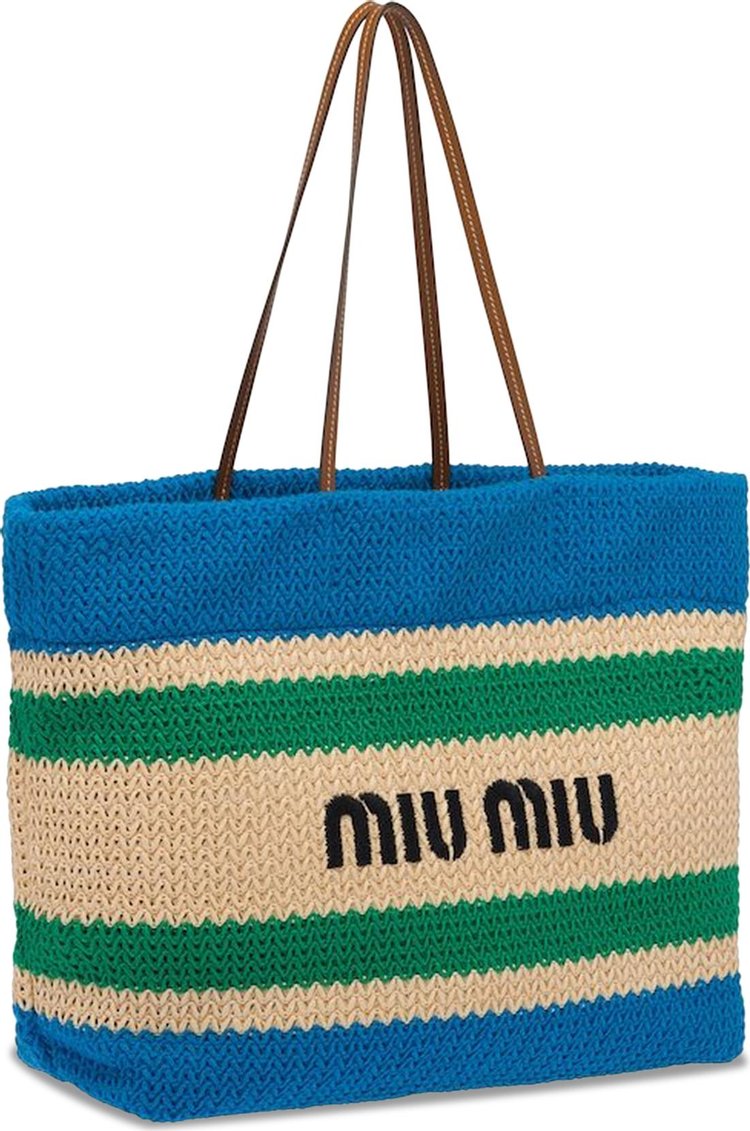 Miu Miu Raffia Tote Bag BeigeLight Blue