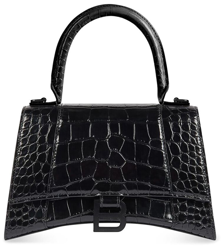 Balenciaga Hourglass Small Croc Embossed Top Handle Bag Black
