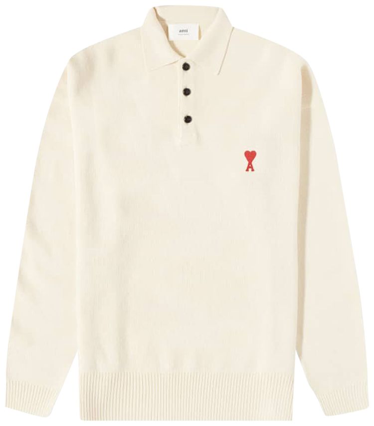 Ami Heart Long Sleeve Knit Polo Vanilla