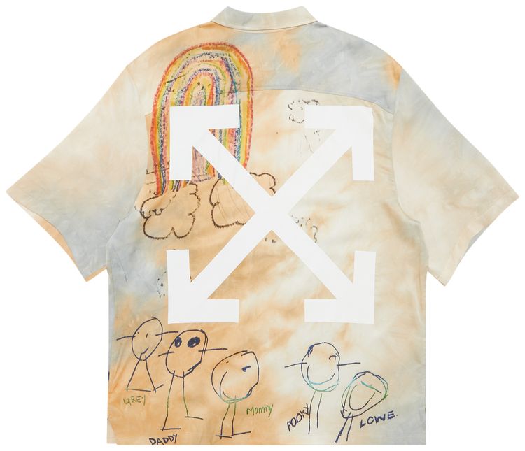 Off White Cartoon Satin Short Sleeve Shirt BeigeMulticolor