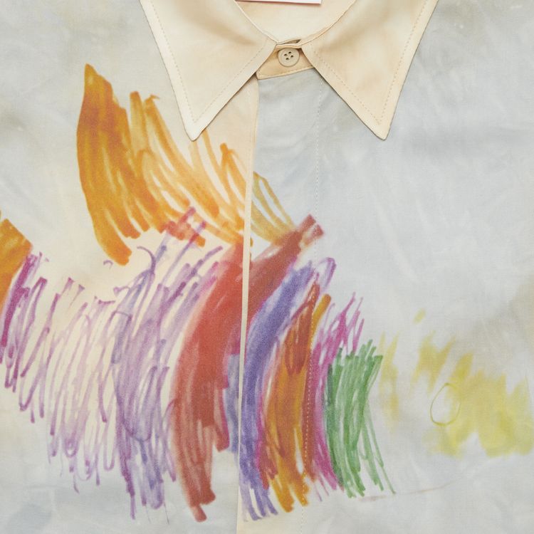 Off White Cartoon Satin Short Sleeve Shirt BeigeMulticolor