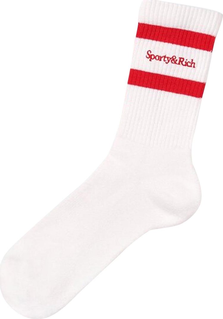 Sporty & Rich Serif Logo Striped Socks 'White/Red'