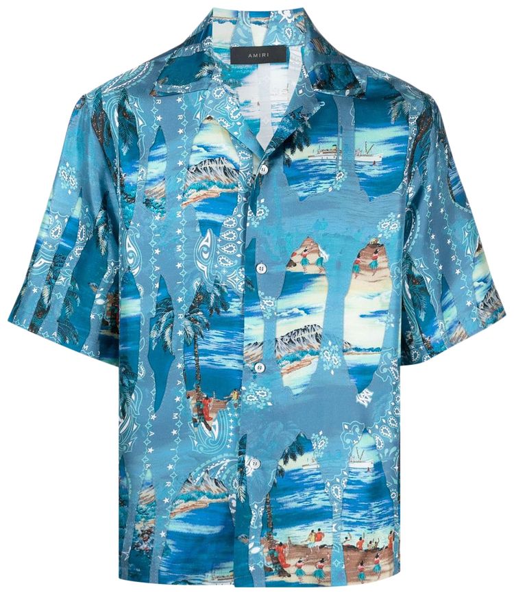 Amiri Bleach Bandana Bowling Shirt Blue