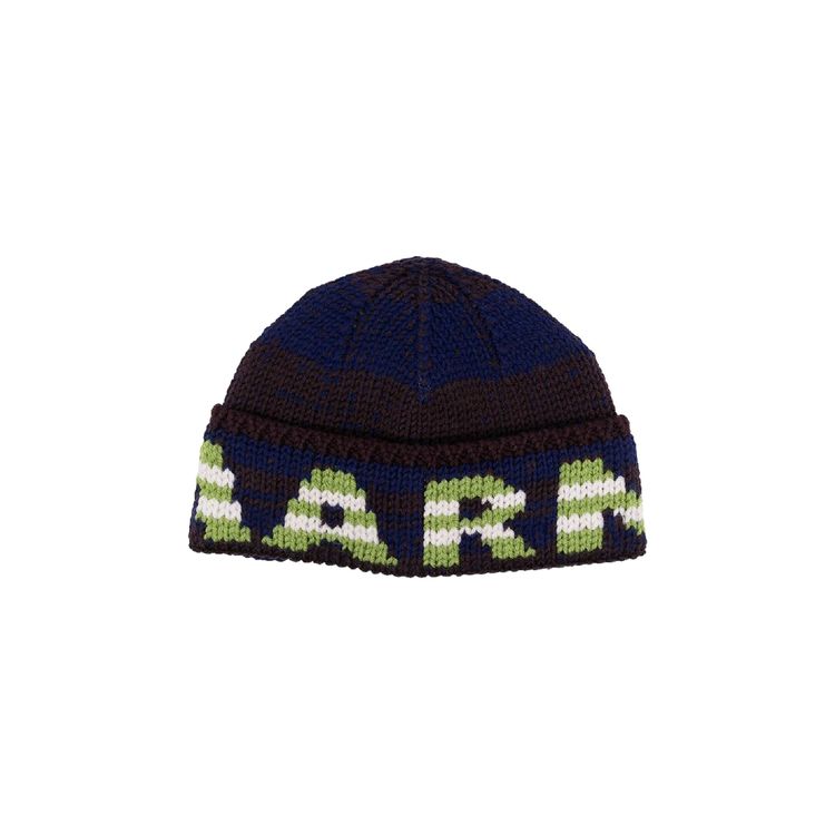 Marni Intarsia Stripe Logo Beanie Blue