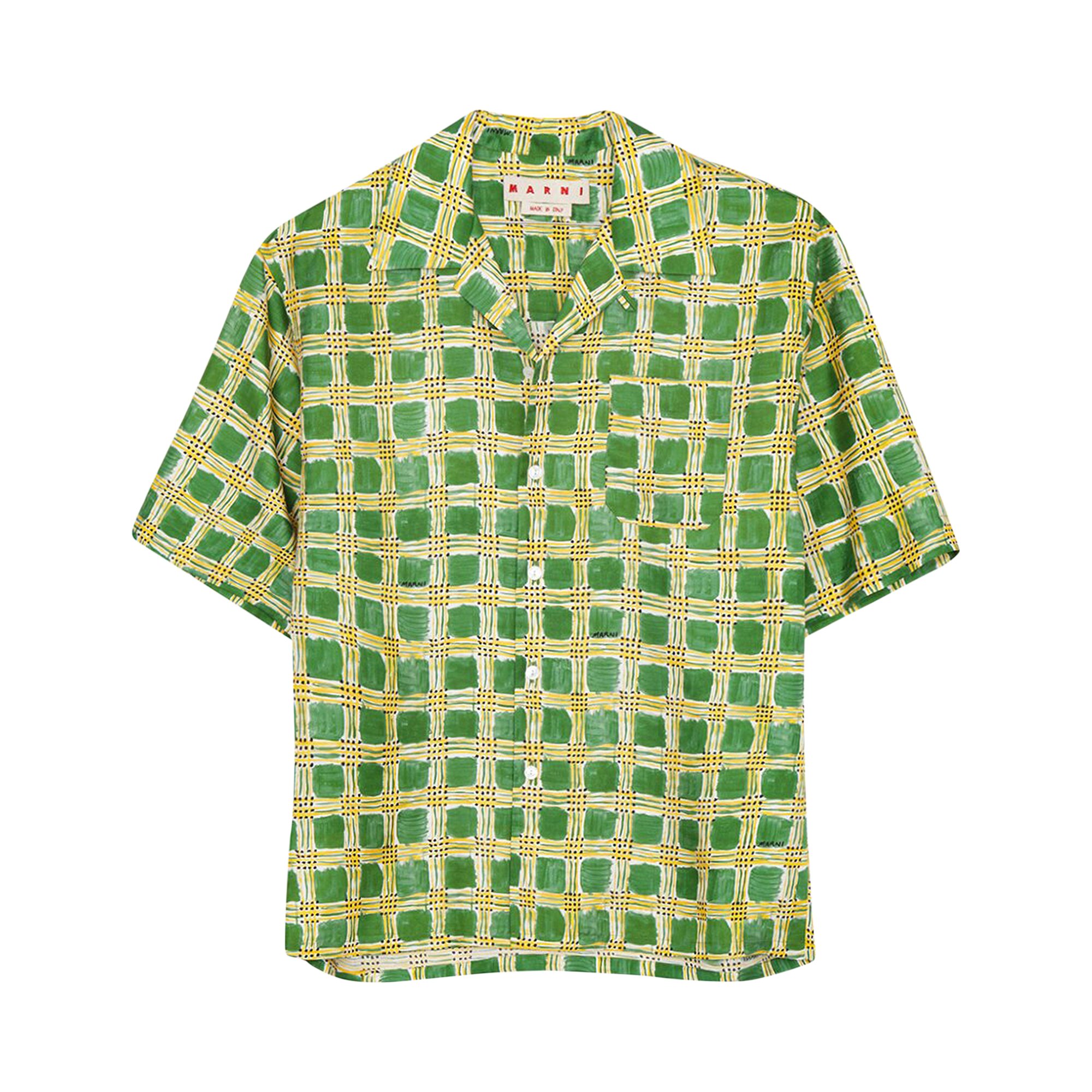 Buy Marni All Over Check Print Silk Bowling Shirt 'Primary Green