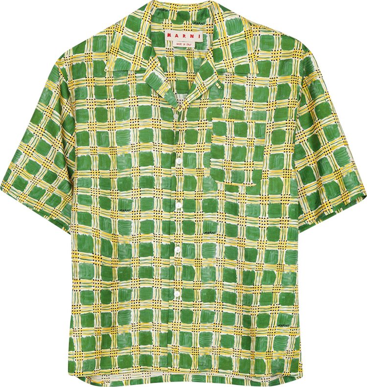 Marni All Over Check Print Silk Bowling Shirt 'Primary Green'