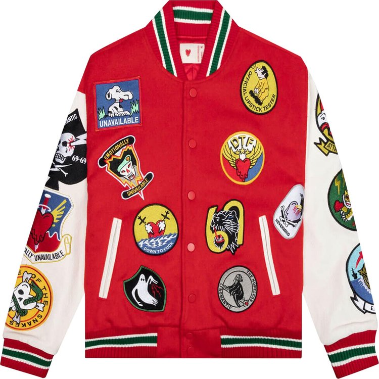 Emotionally Unavailable Patches Varsity Jacket 'Red'