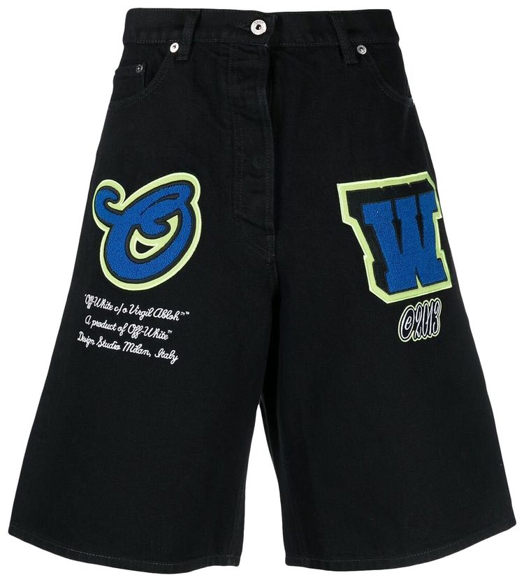 Off White Patch Wide Leg Denim Shorts BlackBlue