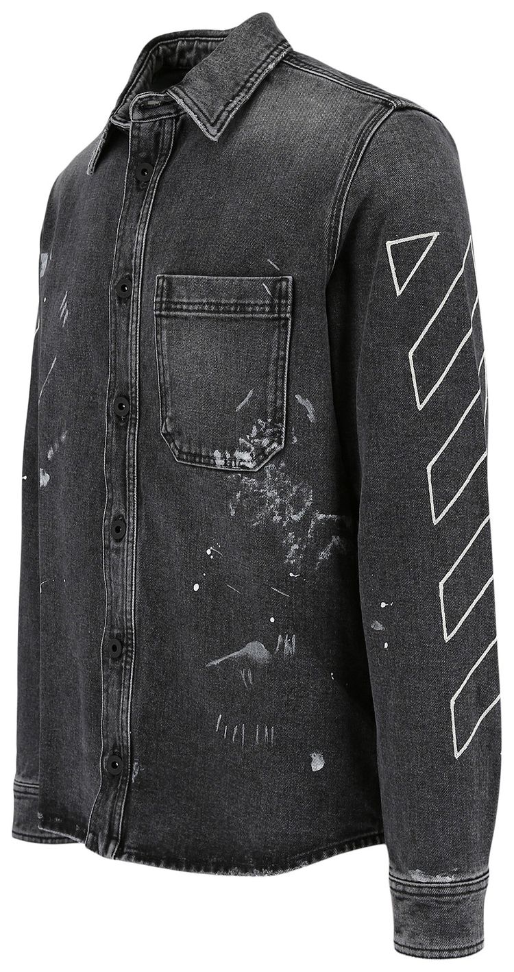 Off White Diag Stripe Distressed Denim Shirt Grey