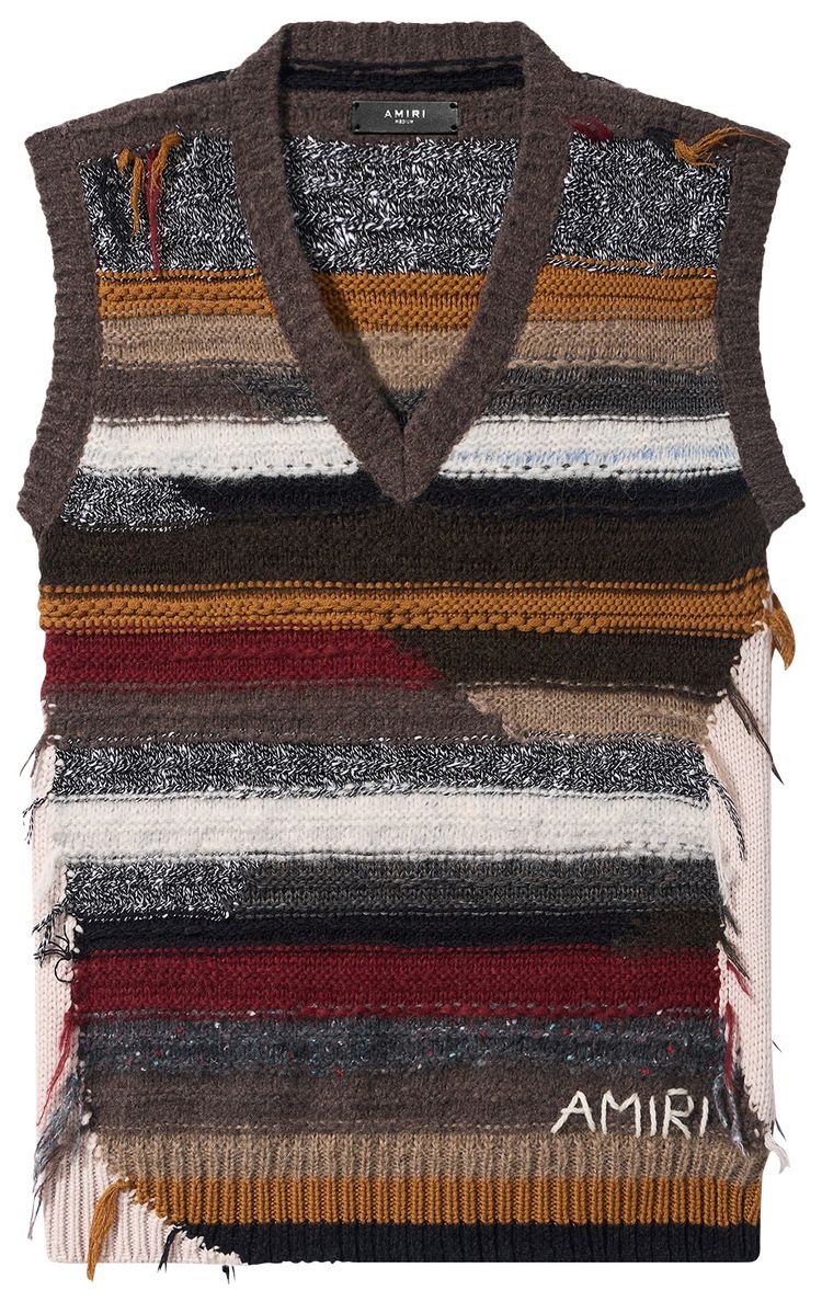 Amiri Distressed Wool Blend V Neck Knit Vest Brown