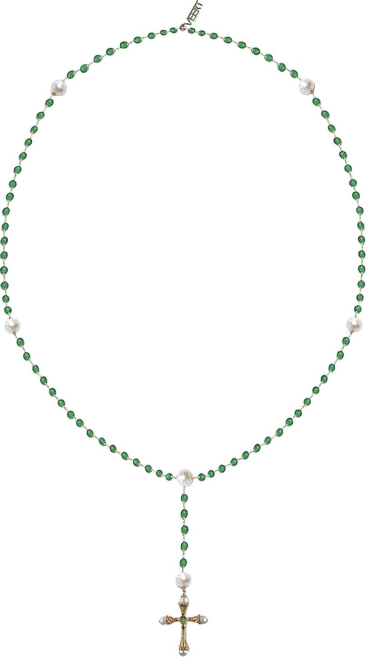 VEERT The Green Onyx and Freshwater Pearl Rosary Necklace 'Yellow Gold'