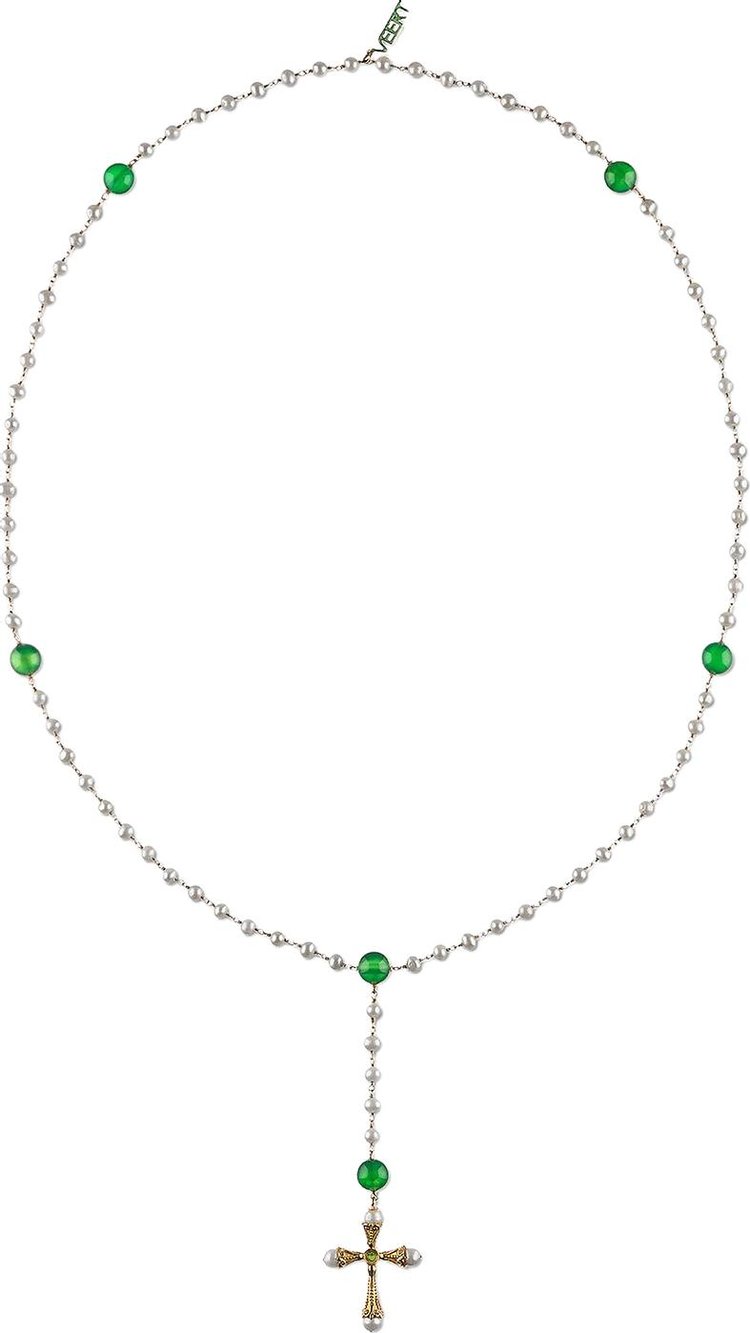 VEERT Freshwater Pearl Green Onyx and Peridot Rosary Necklace 'Yellow Gold'