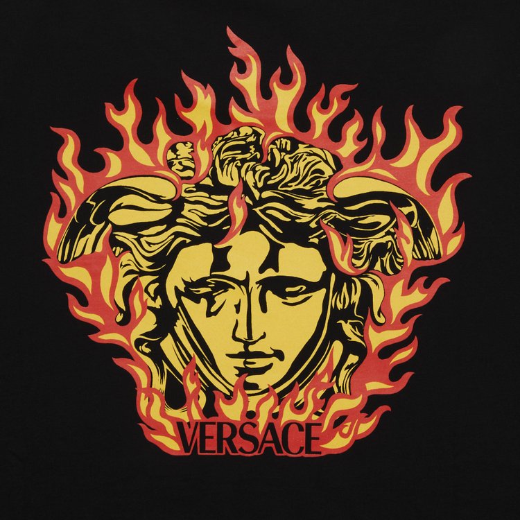 Versace Medusa Flame Print Embroidered Logo T Shirt Black