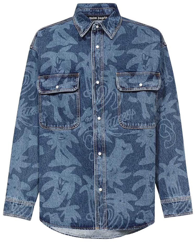 Palm Angels Palmity Laser Print Denim Shirt Light Blue