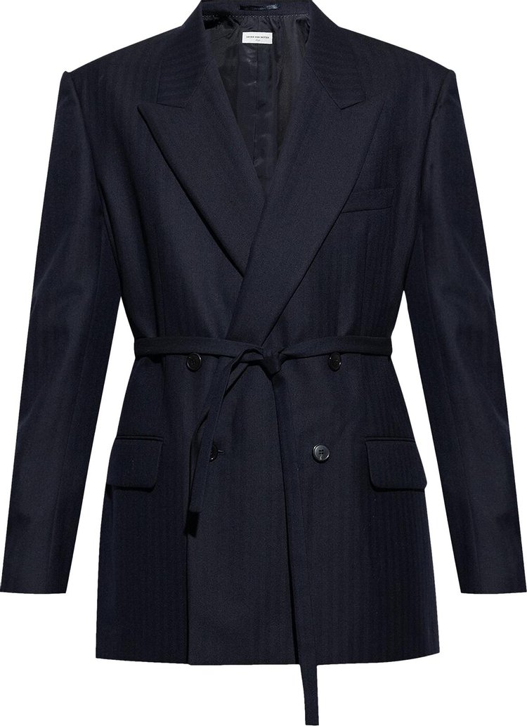 Dries Van Noten Wool Heringbone Blazer Navy