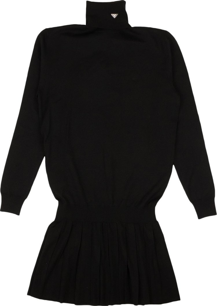 Prada Wool Knit Turtleneck Pleated Mini Dress 'Black'